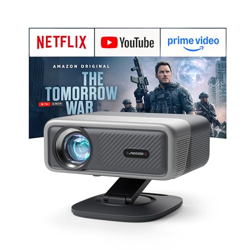 AuKing [Officially-Licensed APP & 4500ANSI] 4K Projector with WiFi and Bluetooth,3D Dolby Audio and Auto Focus Smart Overhead Projector,Outdoor Movie Home Theater Proyector with Omni-Adjustable Stand (grey)